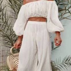Levency Off Shoulder Ruched Crop Top Pants Sets