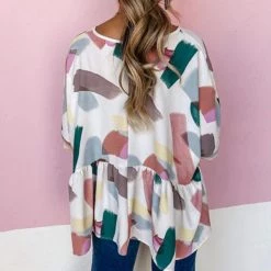Levency Print Cuffed Sleeves Peplum Blouse