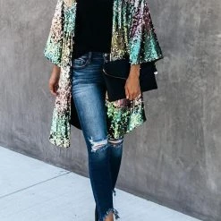 Levency Sequins Three-quarter Sleeve Buttonless Jacket 5 Levency Sequins Three-quarter Sleeve Buttonless Jacket