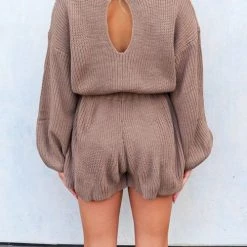 Levency O Neck Puff Long Drawstring Sweater Romper