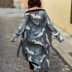 Levency Crane Print Kimono Cardigan