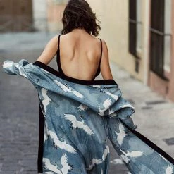 Levency Crane Print Kimono Cardigan