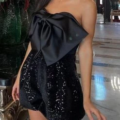 Levency Satin Bow Halter Neck Sequin Short Romper New In