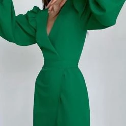 Levency V Neck Puff Sleeve Slit Hem Mini Dress New In