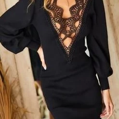 Levency Falling V Neck Lace Back Sweater Dress