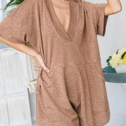 Levency Deep V Neck Solid Color Romper