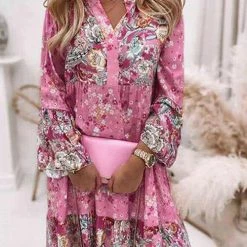 Levency Boho Print V Neck Long Sleeve Dress New In