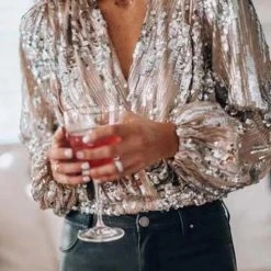 Levency Sequin V Neck Long Sleve Top