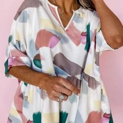 Levency Print Cuffed Sleeves Peplum Blouse