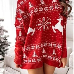 Levency New In Christmas Print Dew Shoulder Sweater Dress