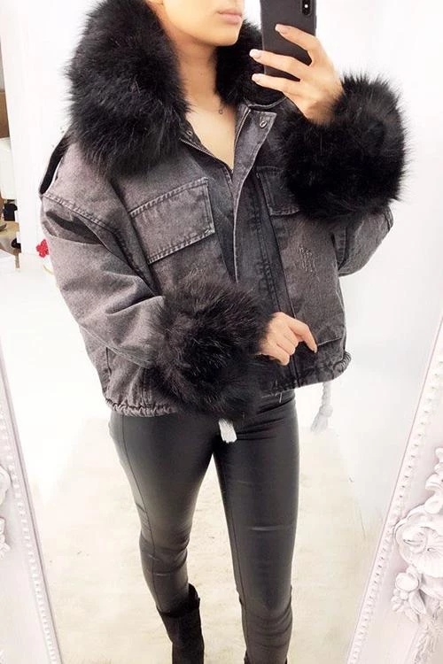 Levency Detachable Fuzzy Faux Fur Collar Denim Coat New In 15 Levency Detachable Fuzzy Faux Fur Collar Denim Coat New In
