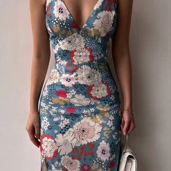 Levency Floral Lace Back Slip Slit Slim Dress New In