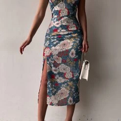 Levency Floral Lace Back Slip Slit Slim Dress New In