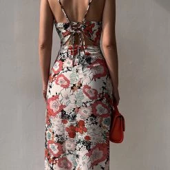 Levency Floral Lace Back Slip Slit Slim Dress New In