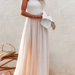 Levency New In Smocked Swiss Dot Slip Maxi Dress