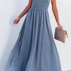 Levency New In Smocked Swiss Dot Slip Maxi Dress