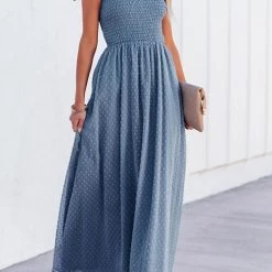 Levency New In Smocked Swiss Dot Slip Maxi Dress