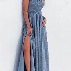 Levency New In Smocked Swiss Dot Slip Maxi Dress