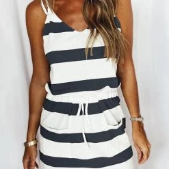 Levency New In Stripe Drawstring Sleeveless Mini Dress