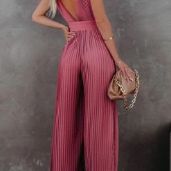 Levency New In Pleated V Neck Wide Leg Jumpsuit