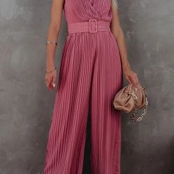 Levency New In Pleated V Neck Wide Leg Jumpsuit