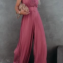 Levency New In Pleated V Neck Wide Leg Jumpsuit