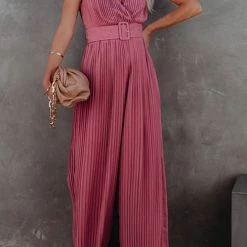 Levency New In Pleated V Neck Wide Leg Jumpsuit