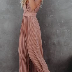 Levency New In Pleated V Neck Wide Leg Jumpsuit
