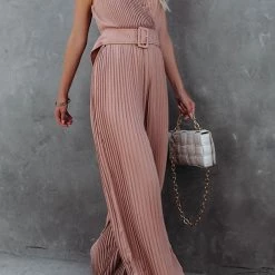 Levency New In Pleated V Neck Wide Leg Jumpsuit