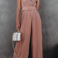 Levency New In Pleated V Neck Wide Leg Jumpsuit