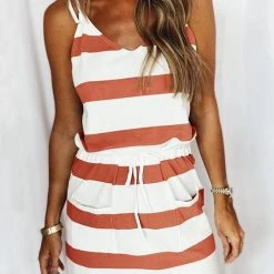 Levency New In Stripe Drawstring Sleeveless Mini Dress
