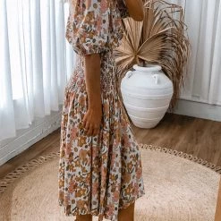 Levency Floral Shirred Waist Slit Midi Dress