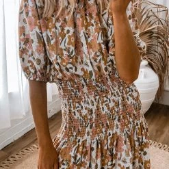 Levency Floral Shirred Waist Slit Midi Dress