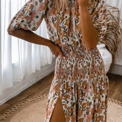 Levency Floral Shirred Waist Slit Midi Dress