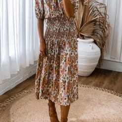 Levency Floral Shirred Waist Slit Midi Dress