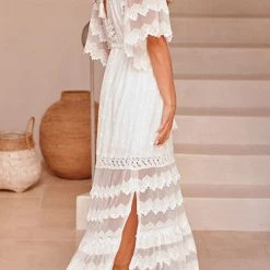 Levency Lace V Neck Open Back Maxi Dress New In