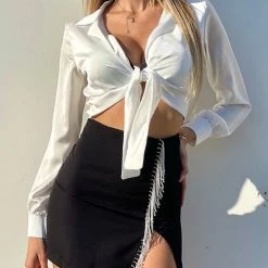 Levency Rhinstone Tassels Slit Skirts