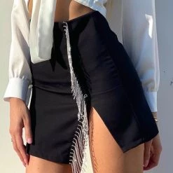 Levency Rhinstone Tassels Slit Skirts