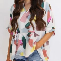 Levency Print Cuffed Sleeves Peplum Blouse