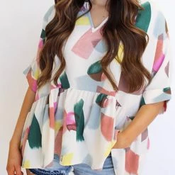 Levency Print Cuffed Sleeves Peplum Blouse