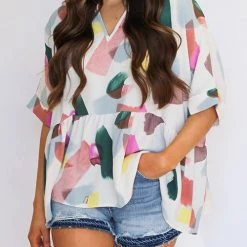 Levency Print Cuffed Sleeves Peplum Blouse