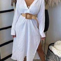 Levency New In Button Henley Tunic Slit Midi Dress