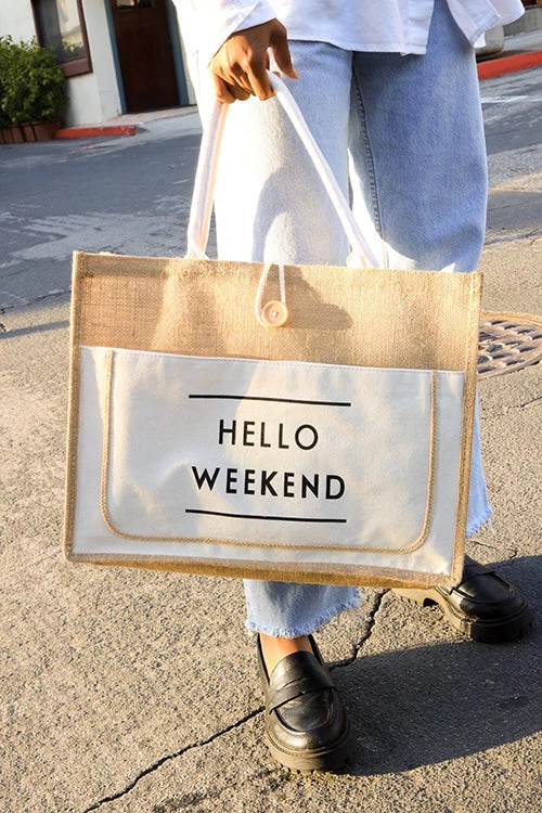 Levency HELLO WEEKEND Jute Tote Bag 5 Levency HELLO WEEKEND Jute Tote Bag