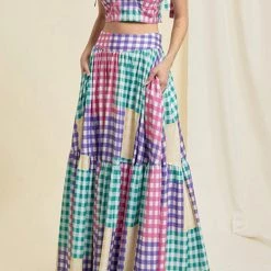 Levency Plaid Color Block Tie Shoulder Maxi Skirt Set