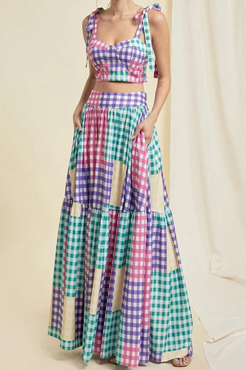Levency Plaid Color Block Tie Shoulder Maxi Skirt Set 2 Levency Plaid Color Block Tie Shoulder Maxi Skirt Set