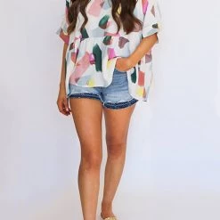 Levency Print Cuffed Sleeves Peplum Blouse