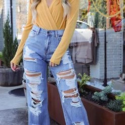 Levency Denim Hole Distressed Wide Leg Tassel Jeans