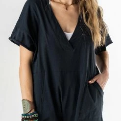 Levency Deep V Neck Solid Color Romper