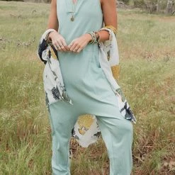 Levency V Neck Solid Sleeveless Pocket Jumpsuit