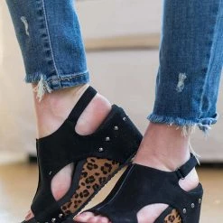 Levency Leopard Peep Toe Studded Slide Wedge Sandals New In